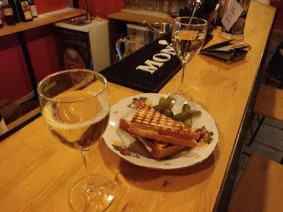Flying To Yerevan, Armenia: Tips And Tricks : Enjoying Armenian white wine from Hin Arine in Bar Canopée Yerevan with French croque-monsieur adapted with local Armenian products