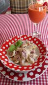 Varenichnaya Katyusha, amazing Ukrainian food - Dumplings filled with raspberry, and a carrot juice